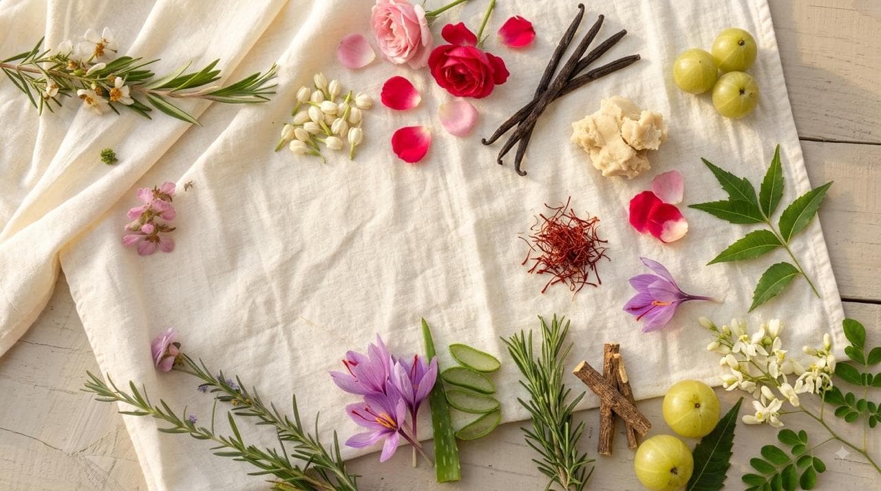 Ayurvedic botanicals arranged on cream cloth
