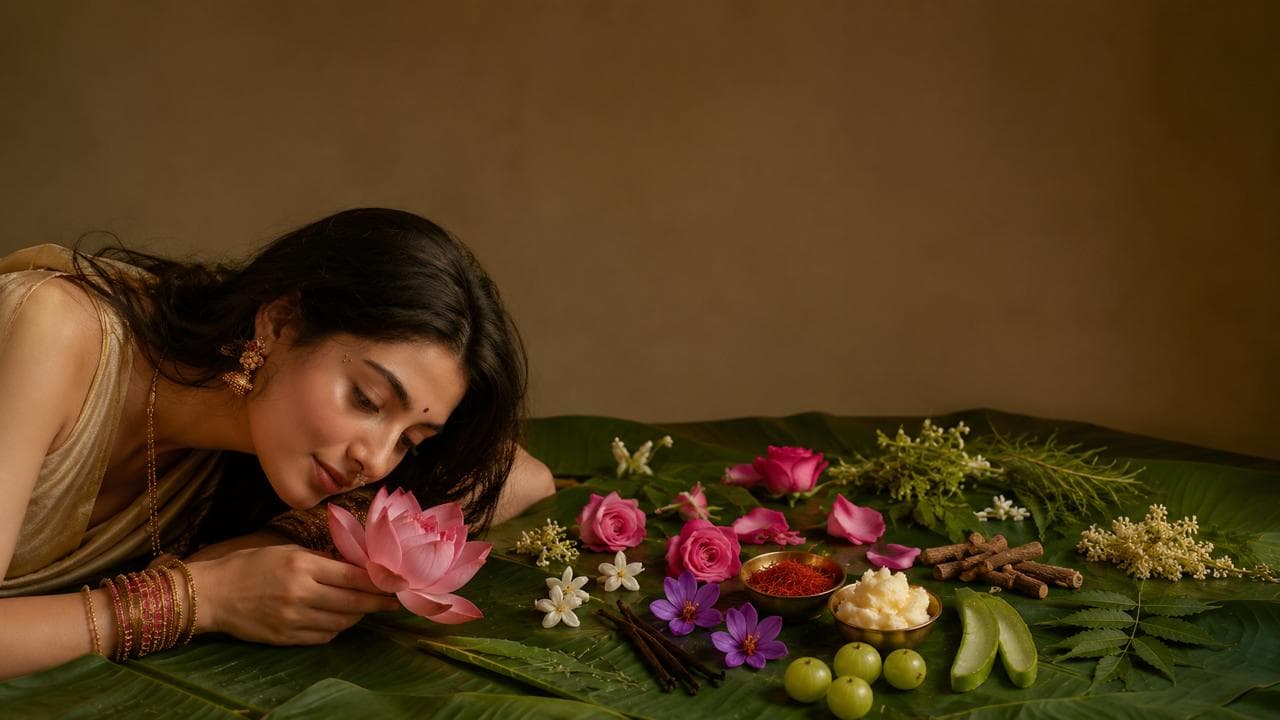 A woman resting beside a lotus flower, roses, saffron and Ayurvedic botanicals arranged on a banana leaf