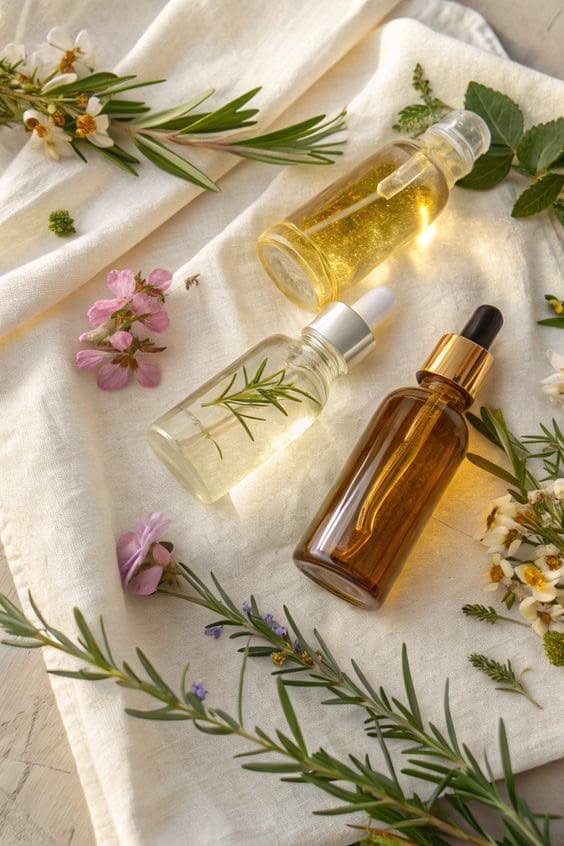 Three dropper bottles of facial oil and serum on linen, surrounded by rosemary and blossoms